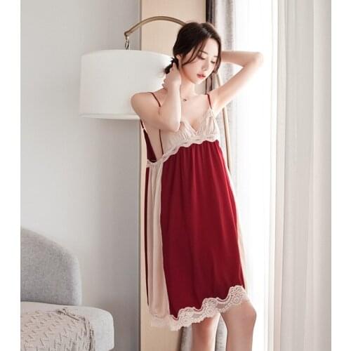 Sexy Ladies Nightwear Lace Patchwork Nightdress Intimate Lingerie Satin Spaghetti Strap Nightgown 2020 New Home Dressing Gown
