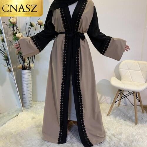 Latest Abayas Muslim Fashion Lace Applique Lovely Long Sleeve Design Muslim Clothing Maxi Cardigan Women Dubai Open Casual Abaya