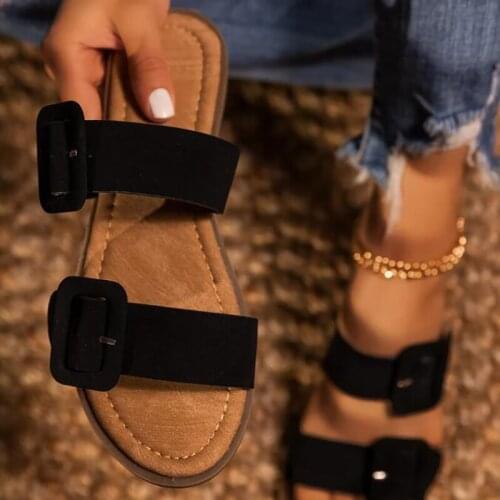 Summer new style double breasted open toe outdoor beach slippers Fashion casual solid color all-match plus size womens slippers