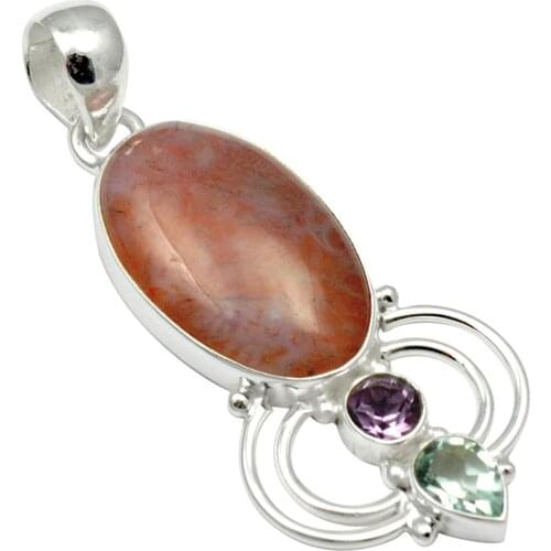 Lovegem Genuine Agate & Amethyst & Blue Topaz Pendant 925 Sterling Silver ,47 mm, A4171