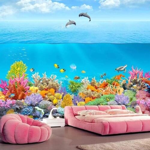 PVC Self-Adhesive Waterproof Wallpaper 3D Underwater World Dolphin Coral Kids Bedroom Bathroom Wall Stickers Papel De Parede 3 D