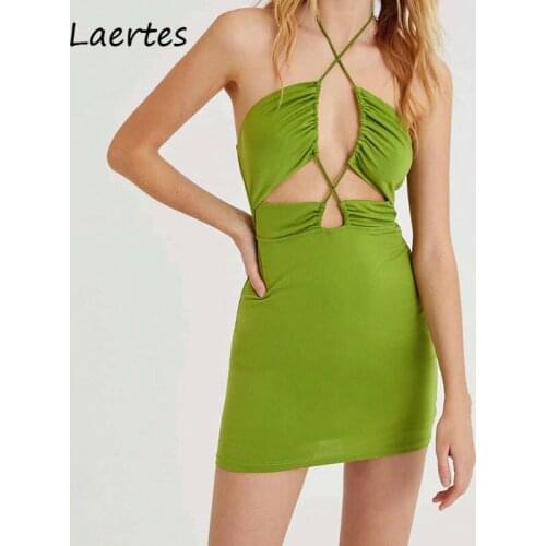 Laertes Sexy Dresses Women Summer Sleeveless Hollow Out Off Shoulder Backless Basic Mini Green Dress Y2k Ruched Female Vestidos
