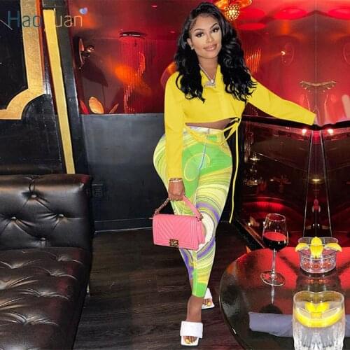 HAOYUAN Sexy 2 Piece Set Long Sleeve Shirt Crop Top Printed Leggings Women Fall Outfits Mesh Sheer Night Clubwear Matching Sets