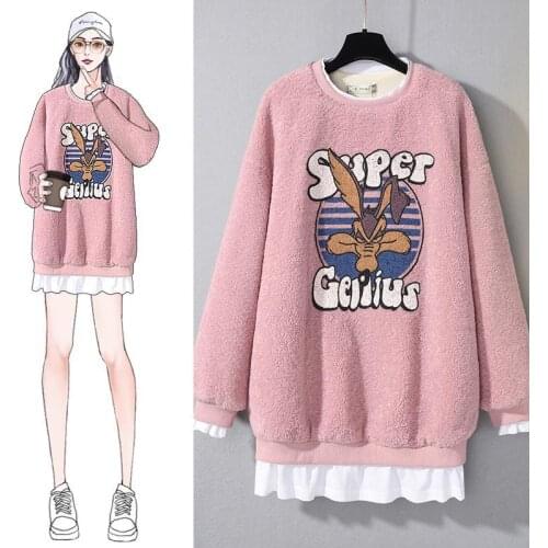 Fake Two-piece Oversized Women Sweatshirt Loose Korean Plus Velvet Thickening Lamb Wool Round Neck Sweater Women Coat Pullover