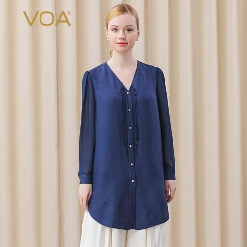 VOA Silk Top Dark Blue Jacquard Straight-tube Fashion V-neck Single-breasted Long-sleeved Shirt Plus Size Women Clothing BE362