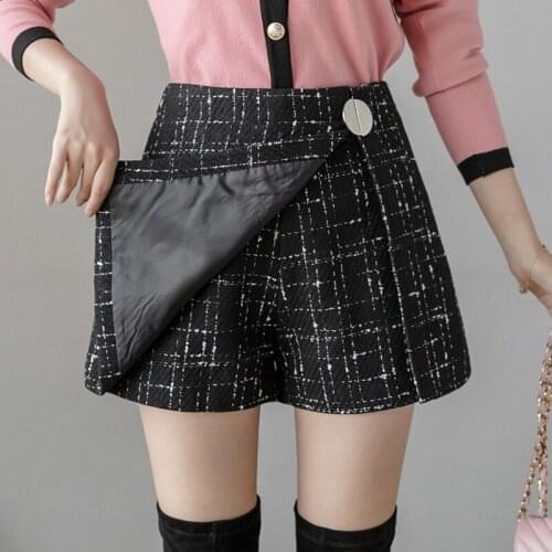 High Waist Shorts Skirt Women Winter Autumn 2020 Ladies Elegant Mini Tweed Skirt Button Wool A Line Plaid Faldas Jupe Femme