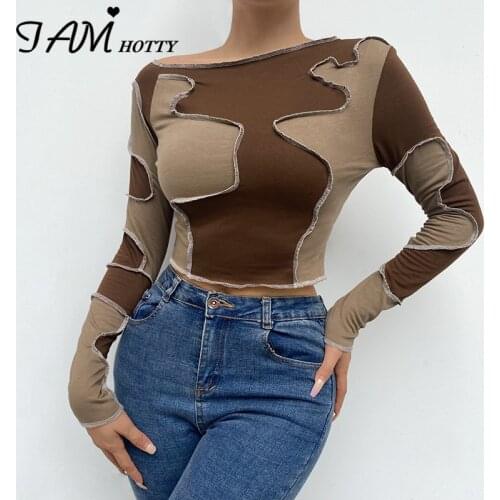 Grunge Reverse Stitching Patchwork T-shirt Women Vintage Long Sleeve Slim Brown Cropped Top Tee Aesthetic Pullovers New Iamhotty