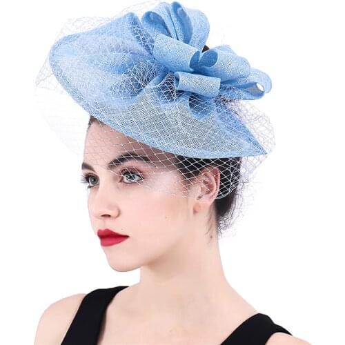 Light Blue Hair Fascinators Hat Derby Royal Headwear Veils With Loops Hair Accessories Hair Clips Women Ladies Wedding Headdress