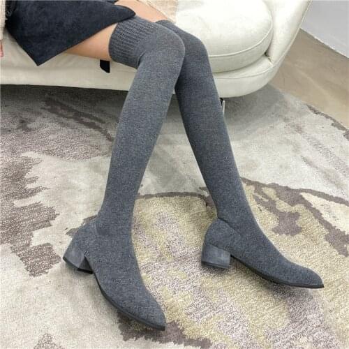 Women Stretch Sock Botas Long Tight Boots 4cm Low Heels Over The Knee High Boots Stripper Winter Warm Sexy Fetish Slim Fit Shoes