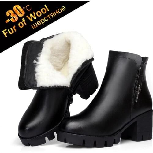 -30℃ Wool Fur warm Cow Leather ankle boots women winter Genuine Leather platform botas 2021 Chunky High heel ladies snow shoes