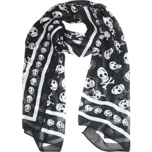 Black Chiffon Silk Feeling Skull Print Fashion Long Scarf Shawl Scaf Wrap For Women + Keyring