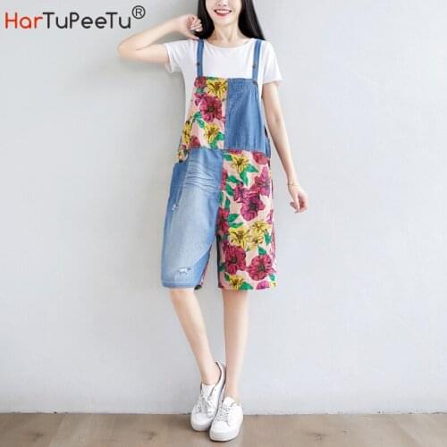 Summer Denim Playsuit Women Knee Length Loose Print Overalls Cotton Patchwork Colour Block Oversize Fray Jeans Short Bib Pants