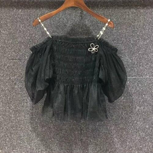 2021 Autumn Fashion Tops High Quality Women Spaghetti Strap Beading Sequined Deco Short Sleeve Casual Black Basic Tops Sexy Club