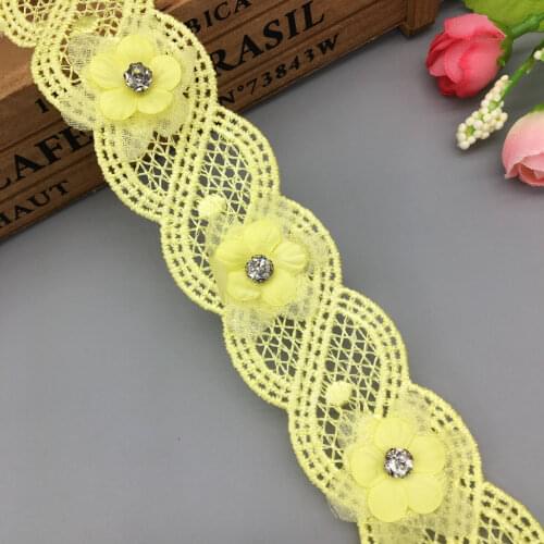 1 yard Yellow Centipedes Pearl Diamond Lace Trim Ribbon Fabric Embroidered Applique Patchwork Handmade DIY Wedding Sewing Craft