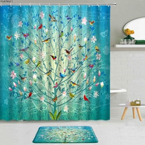 2Pcs Simple Floral Bird Plant Shower Curtain Painted Flowers Polyester Fabric Non-Slip Bath Mat Hanging Curtains Bathroom Set