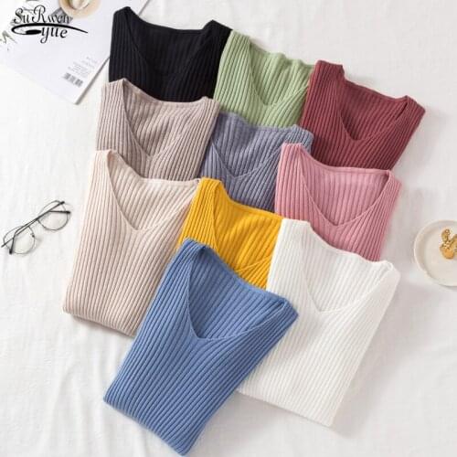 2021 Long-sleeve Sweater V-neck Solid Fashion Gentle Tops Autumn Rainbow Sexy Sweater All-match Bottom Wool Slim Pullover 17040