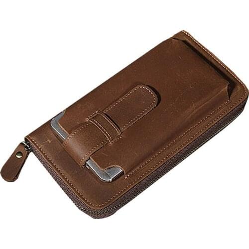 Cowhide Handbag Retro Crazy Horse Skin Long Wallet Business Men Genuine Leather Zipper Wallet Mobile Phone Purse High Quality