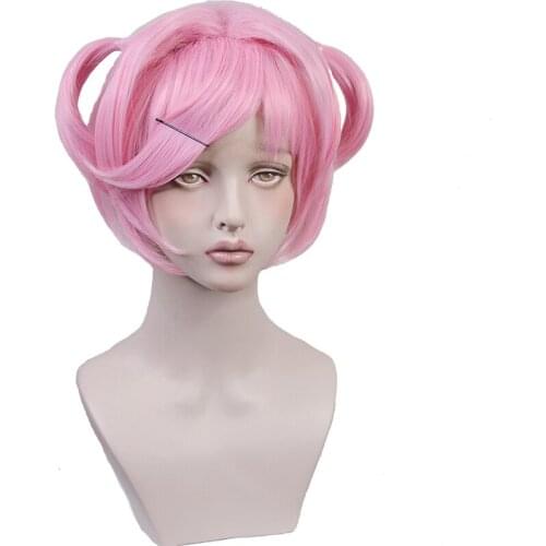 Doki Doki Literature Club Natsuki Pink Short Pigtail Heat Resistant Cosplay Synthetic Hair Halloween Party + Free Wig Cap