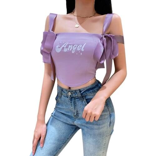 Purple Tank Tops Women’s Sweet Letter Embroidery Camisole Summer Sexy Sleeveless Bandage Strap Navel Slim Tops Cami Ladies Vest