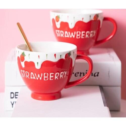 Strawberry Ceramic Mug Milk Cup Coffee Cup Tea Afternoon Tea Cup With Lid Spoon Household Water Cup Oatmeal Breakfast Cup Gift
