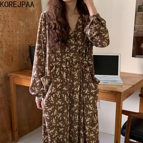 Korean Fashion Chi Early Autumn Retro Elegant V Collar Full Screen Broken Flower Loose Bag Large Pocket Long-sleeved Long Dress