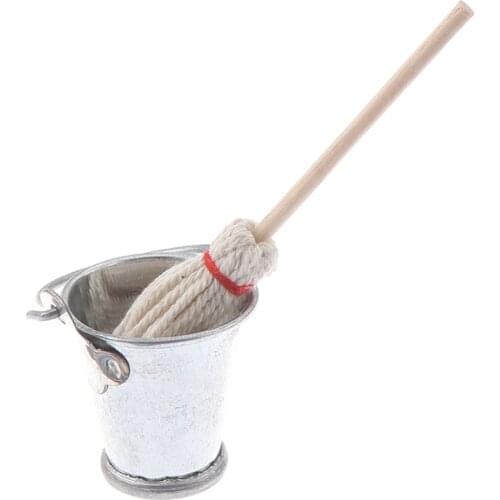 Scale 1:12 Dollhouse Miniature Kitchen Garden Mop Bucket Classic Pretend Play Furniture Cute Toys Creative Gifts Presents