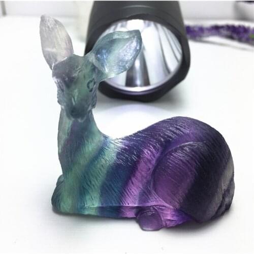 Cute Beautiful Natural Colorful Fluorite Crystal Hand Carved Deer Polished Gemstone Home Decoration Collection For Gifts