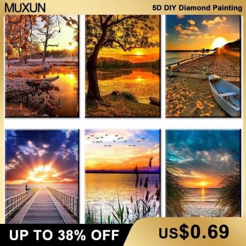 Muxun 5D Diy Diamond Painting Setting Sun Landscape Cross Stitch Full Round Diamond Painting Rhinestonesdecor Mosaic Gift H910