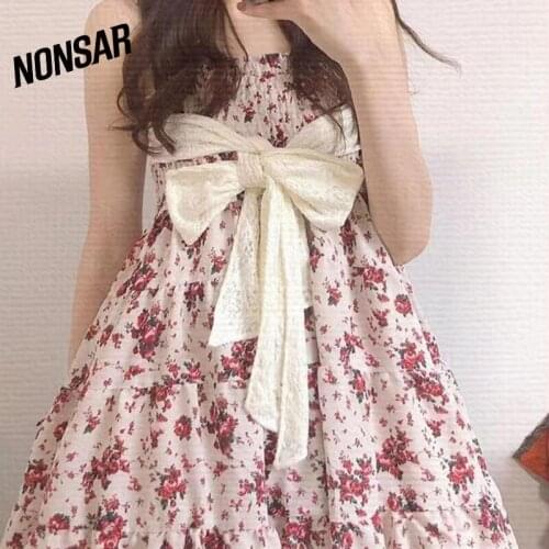 NONSAR French Retro Gentle Temperament Printed Suspender Dress With Waist Fairy First Love Platycodon Floral Dress Female