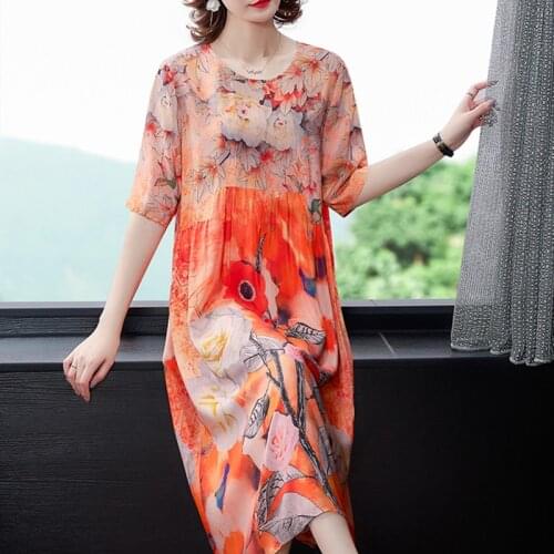 2020 New Arrival Women Silk Dress Female Summer Half Sleeve O-Neck Vintage Print Dresses Loose Casual Plus Size Vestidos