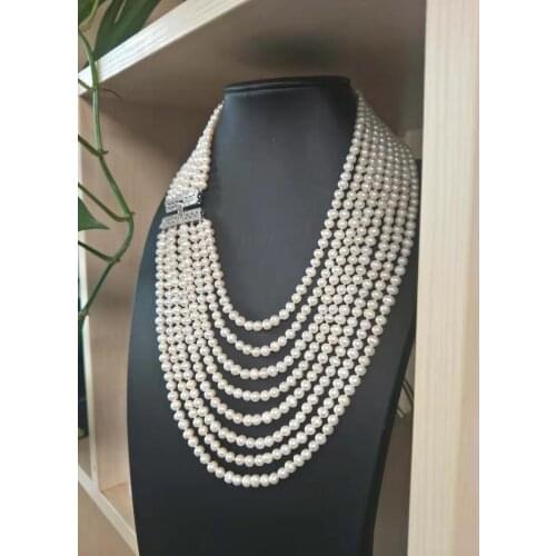 Hand knotted design 8 rows genuine 5-6mm white freshwater pearl necklace handmade fashion jewelry