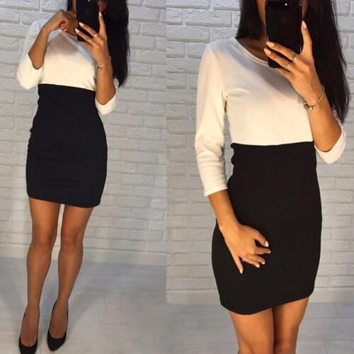 Sexy Slim Bodycon Contrast Mini Dress Two Tone Patchwork Sukienka Round Neck High Waist Dress Women Long Sleeve Hipster Dress