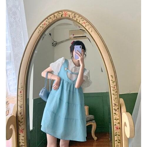 Blue French retro dress sweet suspender dresses cute big swing mori girl japanese dresses