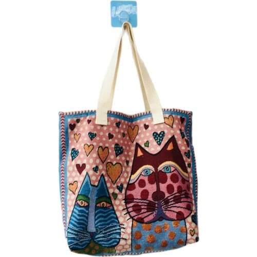 Winter new design cloth bag shoulder bag female bags cat handbags large capacity cute cat pattern shopping bag tote linen lining