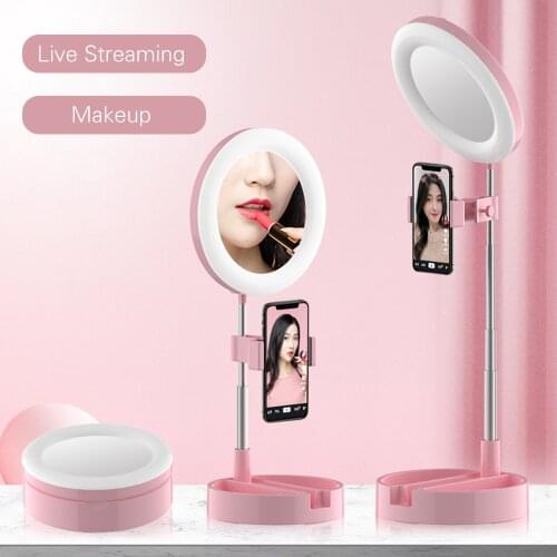 LED Fill Ring Light Folding 3200K-6000K for Photography Lighting Live Stream Makeup YouTube Video with Phone Holder Pink/Black