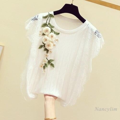 Knitted Tank for Women Summer Crop Top New Korean Style Embroidered Flower Decorative Lace Casual Crew Neck Girls Ladies Slim