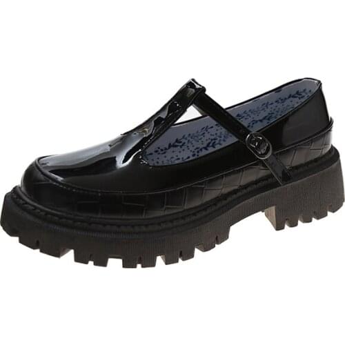 Patent Manmade Leather Lug Sole Vintage T-Bar Mary Jane Shoes With Crocodile Embossed