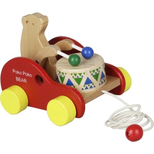 Funny Pulling Carriage Bear Beat Drum Wooden Walking Walker Toy for Kids