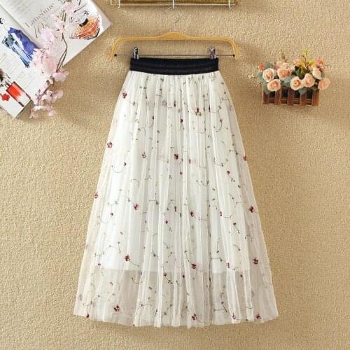 2018 New Spring Summer Floral Embroidery A-Line Skirts Female Elastic High Waist Tutu Mesh Skirt Women Pleated Party Skirt Mw188