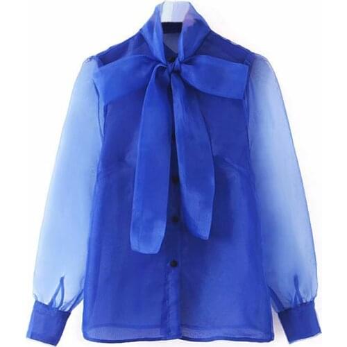 Long Sleeve Stylish Blue Transparent Shirt Female Button Blouse Tunic Chic Bow Collar Women Solid Blouse Elegant Organza Top