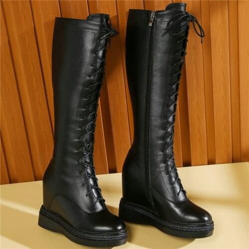 Thigh High Fashion Sneakers Women Lace Up Genuine Leather Knee High Motorcycle Boots Female Winter Wedges High Heel Pumps Shoes