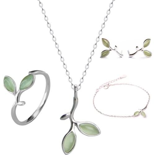 REETI Boho Fashion Opal Jewelry Sets 925 Sterling Silver green leaves Necklaces Charm Bracelet Ring for Women Statement Jewelry