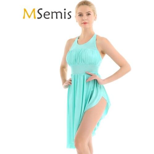 MSemis Women Mesh Ruched Cutout High-Low Hem Ballet Dress Adult Gymnastics Leotard Lyrical Modern Contemporary Dance Costumes