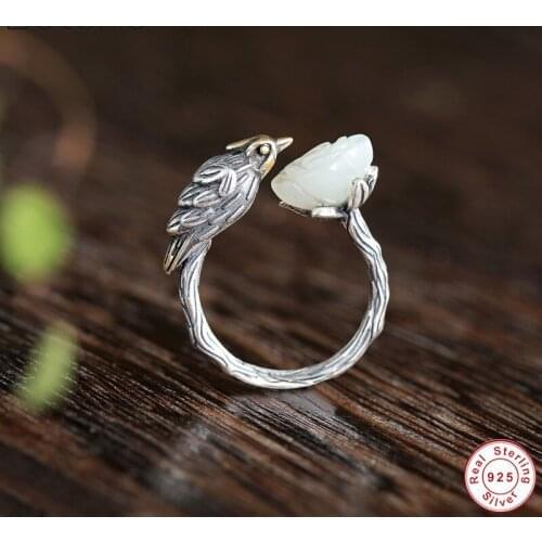 100% Real Solid 925 Sterling Silver colour Handmade Bird Open Rings Women Natural Lotus Jade Finger Ring Thai Silver Jewellery