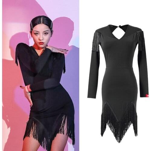 Latin Dance Dress Women Backless Long-Sleeved Practice Dress Latin Dance Fringed Dresses Performance Dance Costumes XS1017