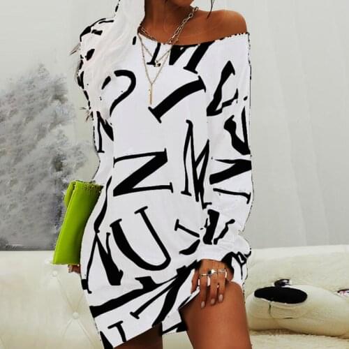 Women Long Sleeve Round Neck Letter Print Dress T-shirt Black White Dress Spring Autumn Thin Ladies Streetwear Wholesale Elegant
