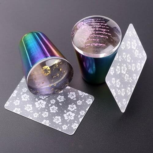 1Set Clear Jelly Nail Art Stamper Transparent Metal Handle Clear Silicone Nail Stamper & Scraper Stamp Tools
