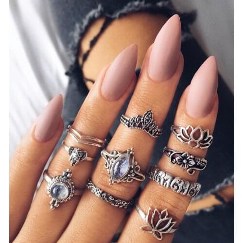 10pcs/sets Boho Vintage Knuckle Lotus Crystal Rings For Women Geometric Gem Female Finger Rings Women Wedding Anniversary Gift