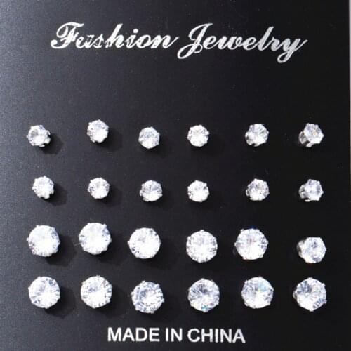 12pairs/set Cubic Zirconia Round Stud Earrings Set For Women Silver Color Crystal Rhinestone Bow Earrings Brinco Jewelry