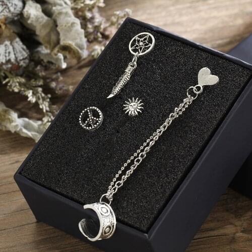 Antique Silver Color Heart Earrings Link Chain Earring Set Women Hollow Star Sun Feather Ear Cuff Clip Jewelry Accessories 4 pcs